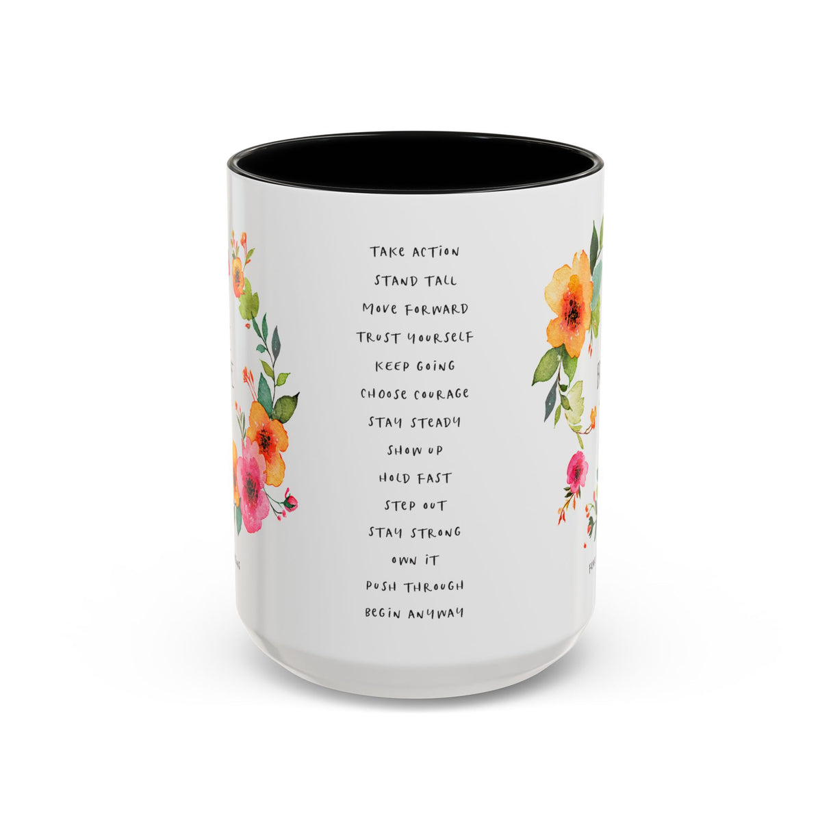 Hand-Drawn Floral Mug – “Be Brave, Fear Is Boring” Quote, Encouragement Gift for Her