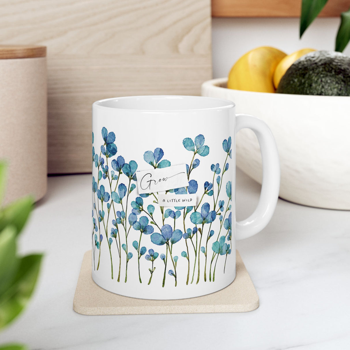 Grow A Little Wild” Mug – 11oz Ceramic with Blue Floral Design