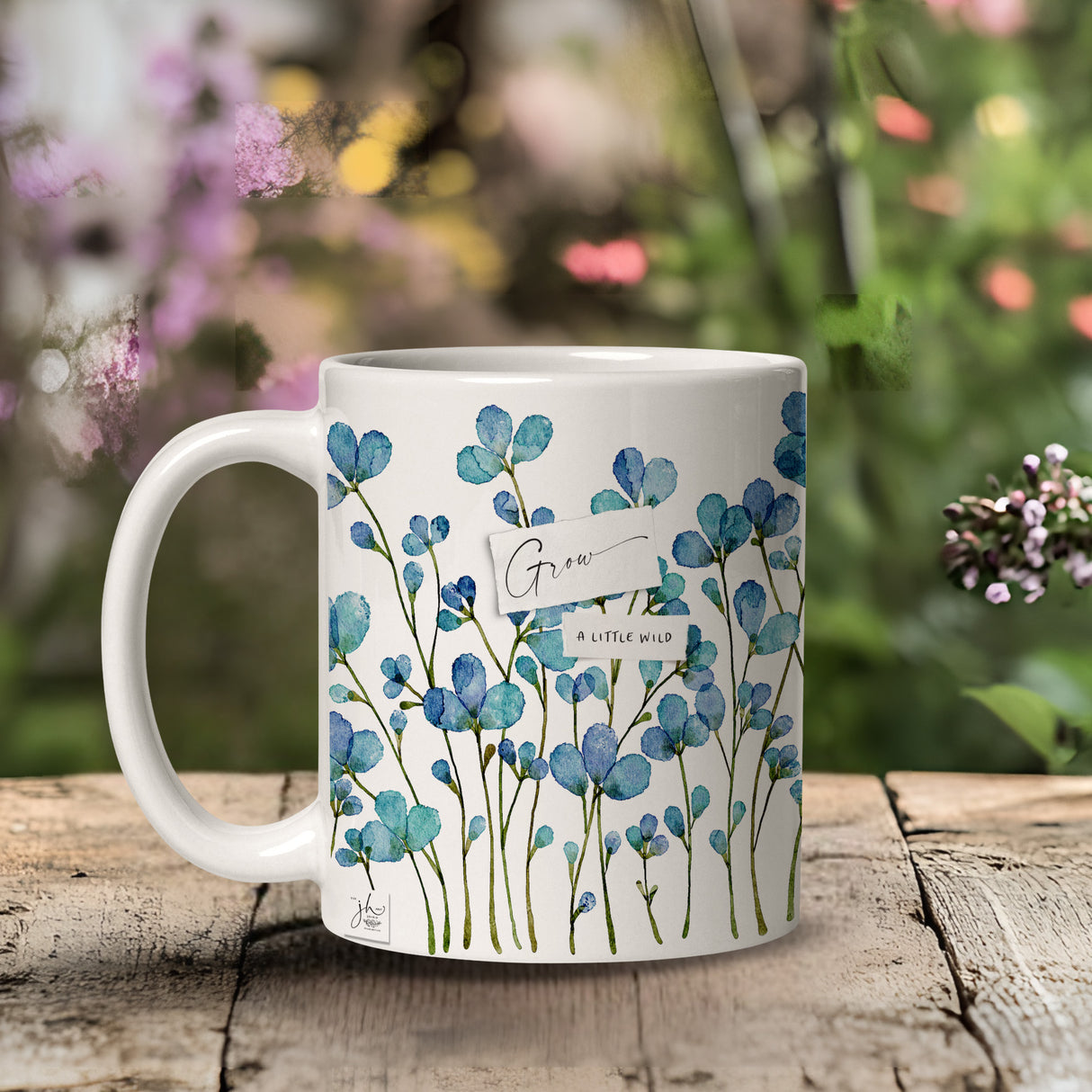 Grow A Little Wild” Mug – 11oz Ceramic with Blue Floral Design
