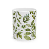 “Begin Again” Motivational Coffee Mug with Leafy Botanical Art – Ceramic 11oz
