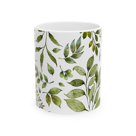 “Begin Again” Motivational Coffee Mug with Leafy Botanical Art – Ceramic 11oz