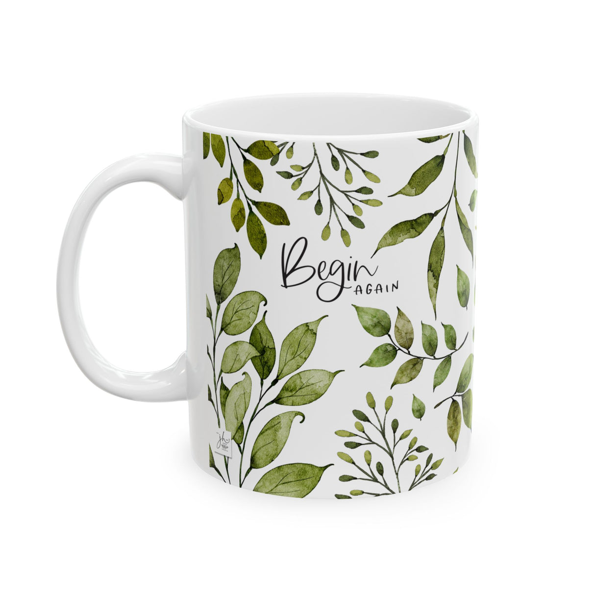 “Begin Again” Motivational Coffee Mug with Leafy Botanical Art – Ceramic 11oz