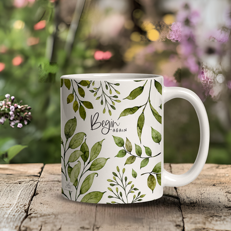 “Begin Again” Motivational Coffee Mug with Leafy Botanical Art – Ceramic 11oz